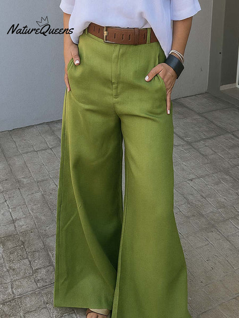 Women's Solid Color High-Waisted Casual Cotton Wide-Leg Pants