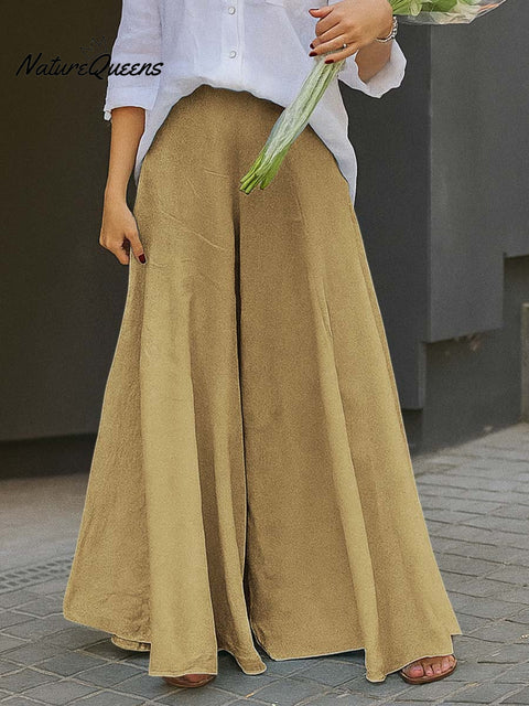 Women's Solid Color High-Waisted Casual Cotton Wide-Leg Pants