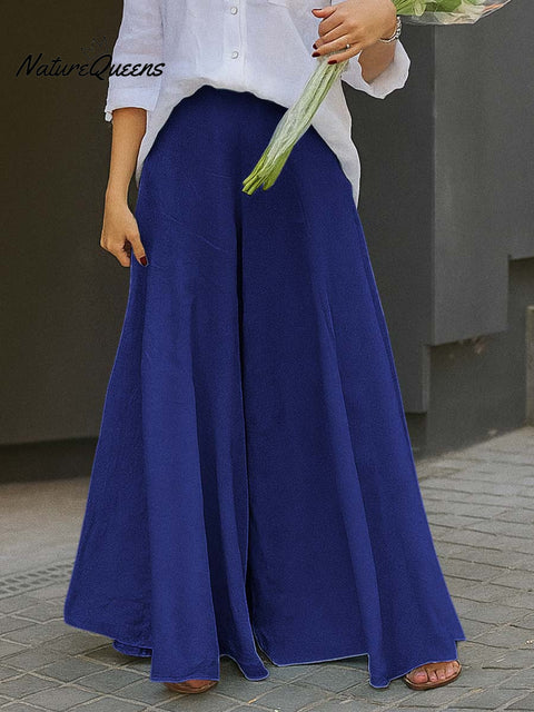 Women's Solid Color High-Waisted Casual Cotton Wide-Leg Pants