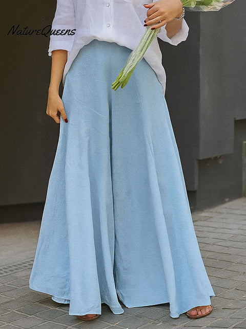 Women's Solid Color High-Waisted Casual Cotton Wide-Leg Pants