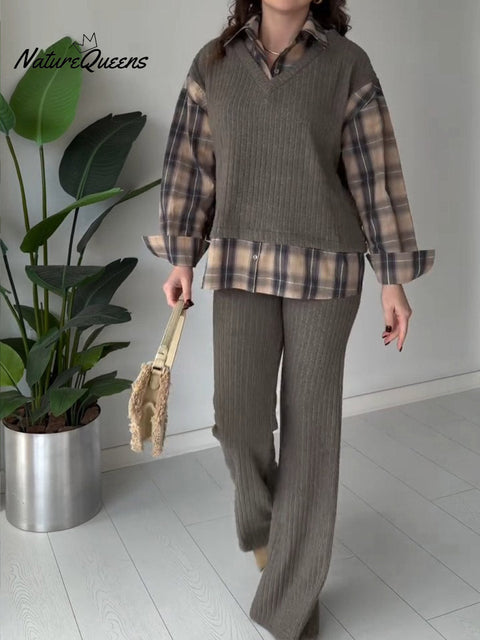 Women's Check Pattern Shirt Collar Knit Top Elastic Waist Casual Knit Pants Set