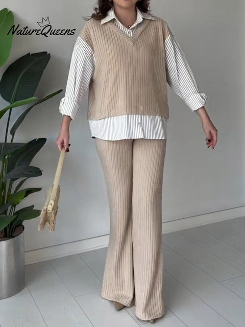 Women's Check Pattern Shirt Collar Knit Top Elastic Waist Casual Knit Pants Set