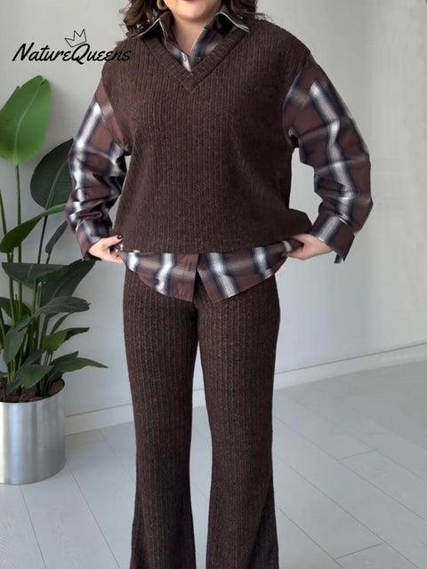 Women's Check Pattern Shirt Collar Knit Top Elastic Waist Casual Knit Pants Set