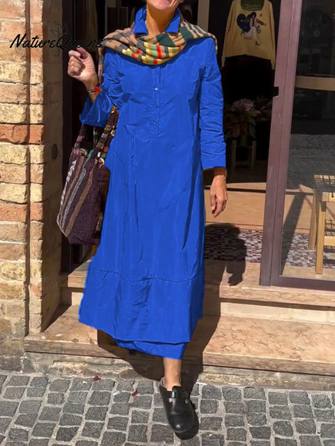 Women's Solid Color Shirt Collar Long Sleeve Casual Loose A-Line Cotton Dress