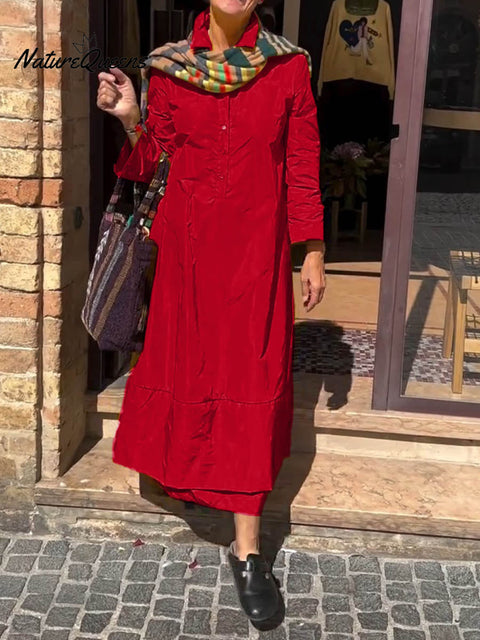 Women's Solid Color Shirt Collar Long Sleeve Casual Loose A-Line Cotton Dress