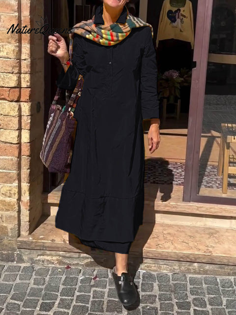 Women's Solid Color Shirt Collar Long Sleeve Casual Loose A-Line Cotton Dress