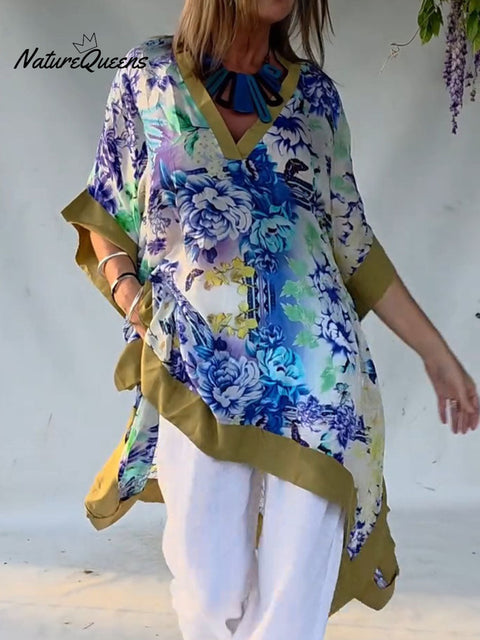 Women's V-neck Abstract Print 3/4 Sleeve Casual Loose Long Top