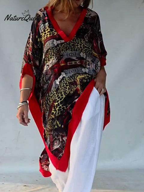 Women's V-neck Abstract Print 3/4 Sleeve Casual Loose Long Top