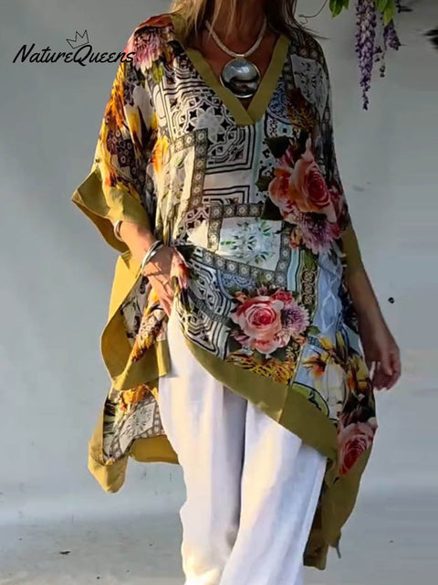 Women's V-neck Abstract Print 3/4 Sleeve Casual Loose Long Top