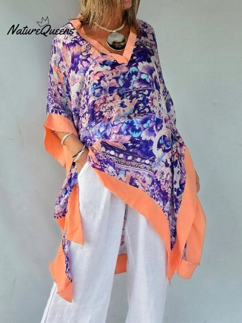 Women's V-neck Abstract Print 3/4 Sleeve Casual Loose Long Top