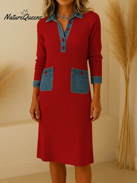Women's Shirt Collar Long Sleeve Casual Loose Knit Dress