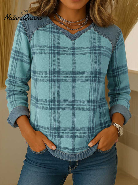 Women's V-neck Long Sleeve Casual Loose Plaid Splicing Top