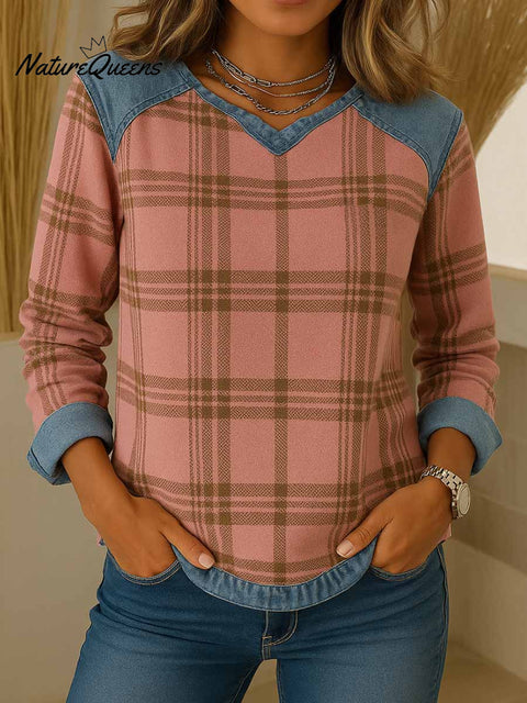 Women's V-neck Long Sleeve Casual Loose Plaid Splicing Top