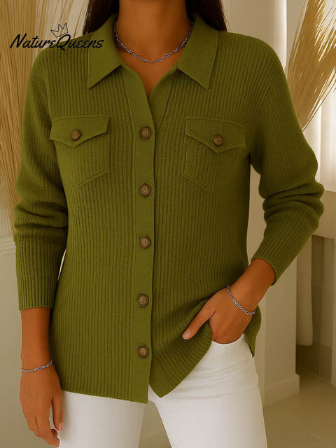 Women's Solid Color Shirt Collar Long Sleeve Knit Cardigan