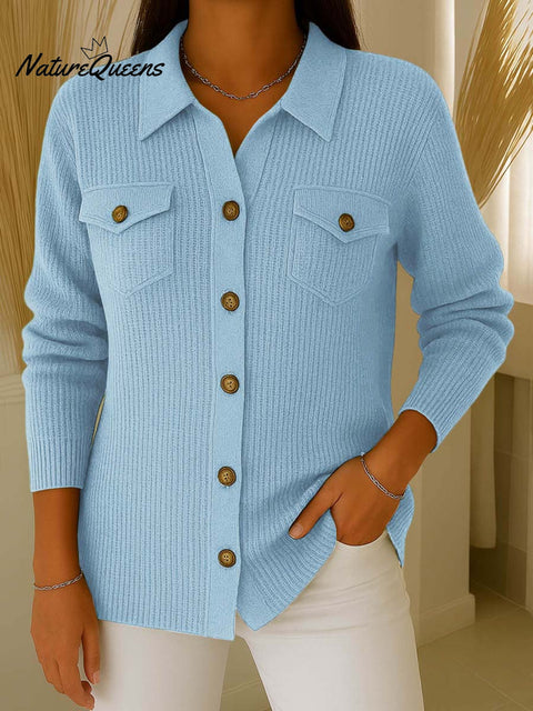 Women's Solid Color Shirt Collar Long Sleeve Knit Cardigan