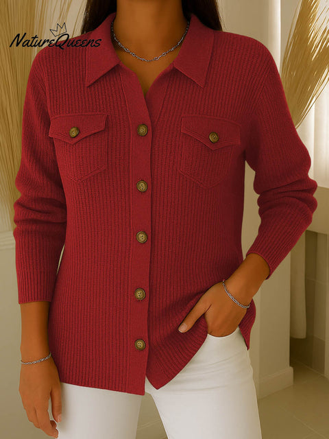Women's Solid Color Shirt Collar Long Sleeve Knit Cardigan