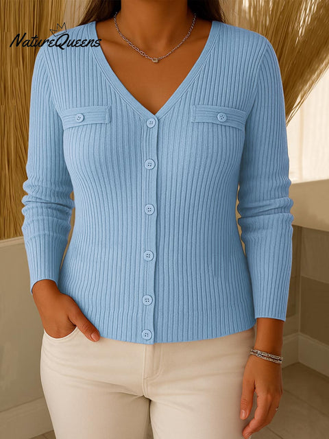 Women's Solid Color V-Neck Long Sleeve Knit Cardigan