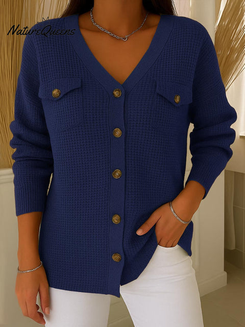 Women's Solid Color V-Neck Long Sleeve Pocket Knit Cardigan
