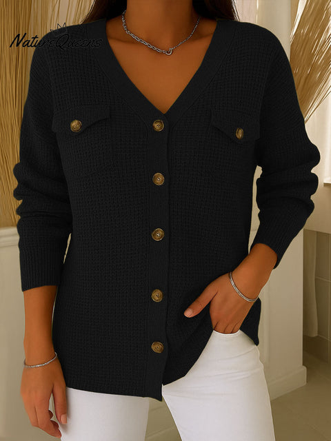 Women's Solid Color V-Neck Long Sleeve Pocket Knit Cardigan