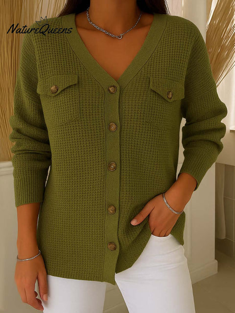 Women's Solid Color V-Neck Long Sleeve Pocket Knit Cardigan