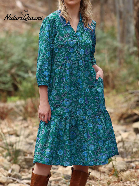 Women's Retro Floral Print V-Neck Long Sleeve Pocket Casual Loose Linen Dress