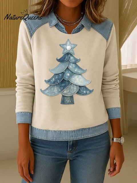 Women's Christmas Print Lapel Long Sleeve Casual Loose Top