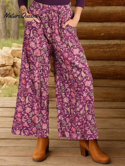 Women's Retro Floral Print Elastic Waist Tie Casual Pocket Loose Cotton Wide Leg Pants