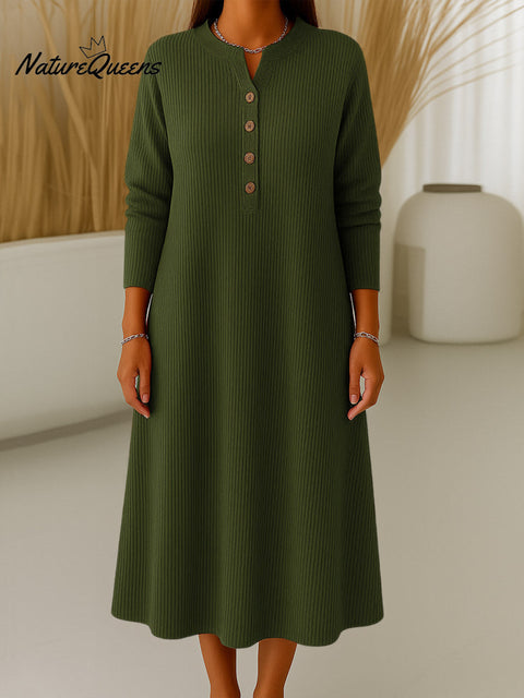 Women's Solid Color V-Neck Long Sleeve Casual Loose A-Line Knitted Dress