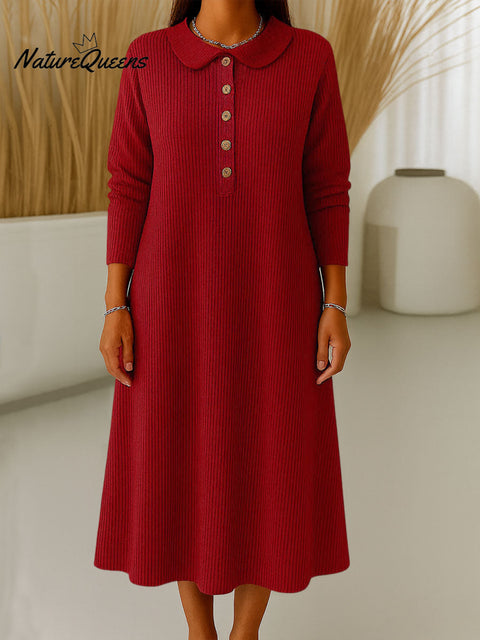 Women's Solid Color Peter Pan Collar Long Sleeve Casual Loose A-Line Knitted Dress