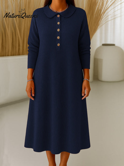 Women's Solid Color Peter Pan Collar Long Sleeve Casual Loose A-Line Knitted Dress