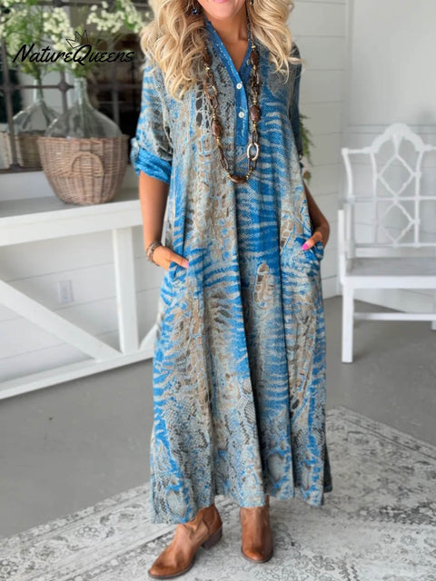 Women's Abstract Print V-Neck Long Sleeve Casual Loose A-Line Dress