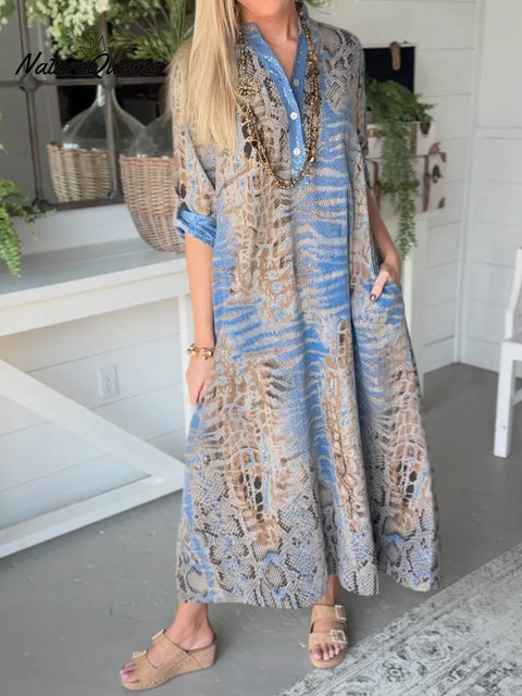 Women's Abstract Print V-Neck Long Sleeve Casual Loose A-Line Dress