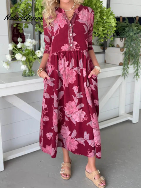 Women's Retro Print V-Neck Long Sleeve Casual Loose A-Line Dress
