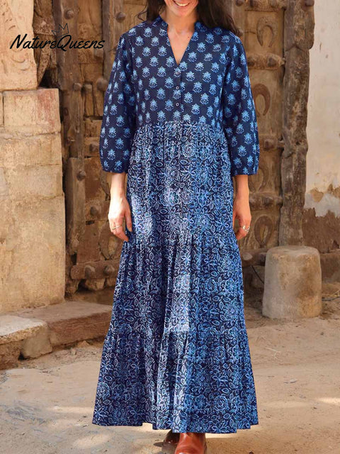 Women's Retro Print V-Neck 3/4 Sleeve Casual Loose A-Line Cotton Dress