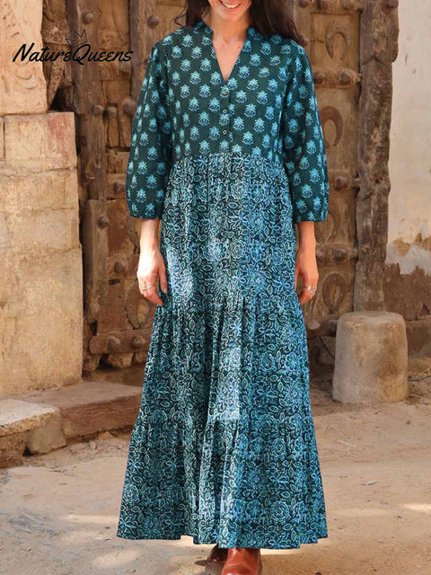 Women's Retro Print V-Neck 3/4 Sleeve Casual Loose A-Line Cotton Dress