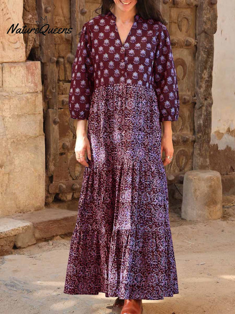 Women's Retro Print V-Neck 3/4 Sleeve Casual Loose A-Line Cotton Dress
