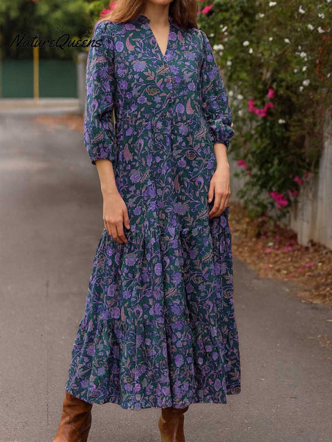 Women's Retro Print V-Neck 3/4 Sleeve Casual Loose A-Line Cotton Dress