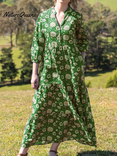 Women's Retro Print V-Neck 3/4 Sleeve Casual Loose A-Line Cotton Dress
