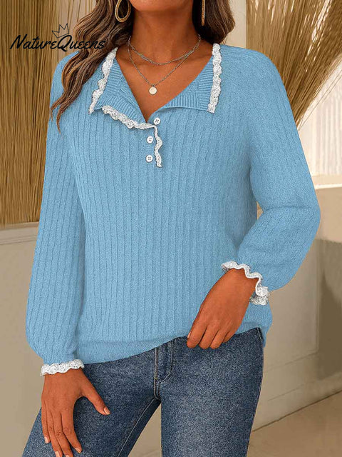 Women's Solid Color V-Neck Long Sleeve Lace Stitching Casual Loose Knit Top