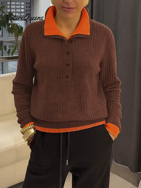 Women's Solid Color V-Neck Long Sleeve Double-Layer Collar Contrast Stitching Casual Loose Knit Top