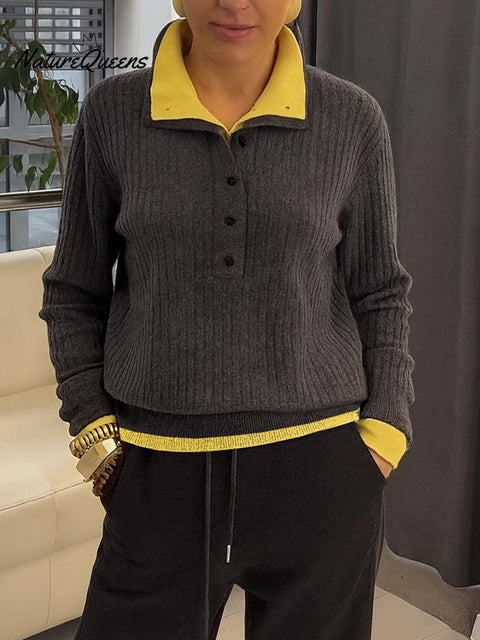 Women's Solid Color V-Neck Long Sleeve Double-Layer Collar Contrast Stitching Casual Loose Knit Top
