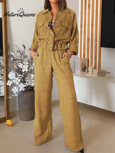 Women's Lapel Long Sleeve Casual Loose Top High Waist Casual Wide Leg Solid Color Cotton and Linen Set