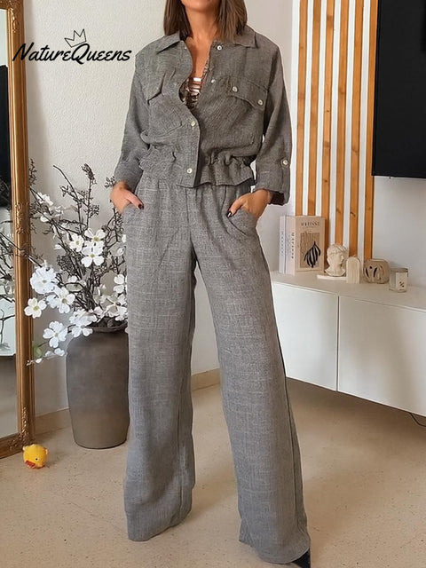 Women's Lapel Long Sleeve Casual Loose Top High Waist Casual Wide Leg Solid Color Cotton and Linen Set