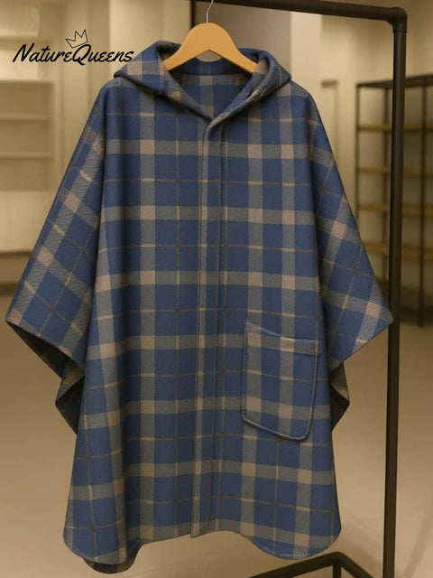Women's Plaid Print Three-quarter Sleeve Casual Loose Hooded Cardigan Cape Coat