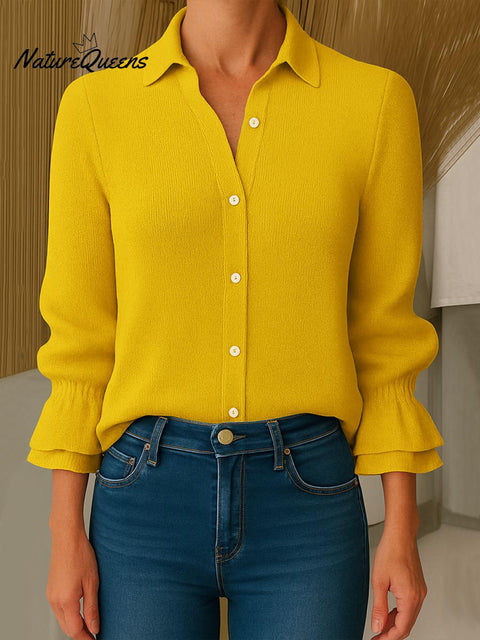 Women's Solid Color Lapel Ruffle Sleeve Casual Loose Cardigan Knit Top