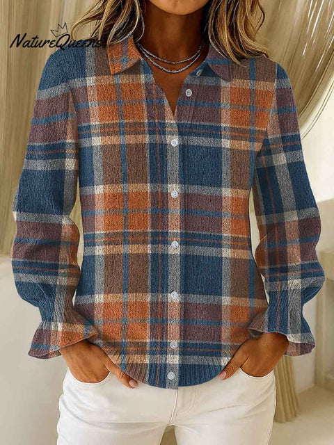 Women's Plaid Print Long Sleeve Casual Loose Cardigan Knit Top