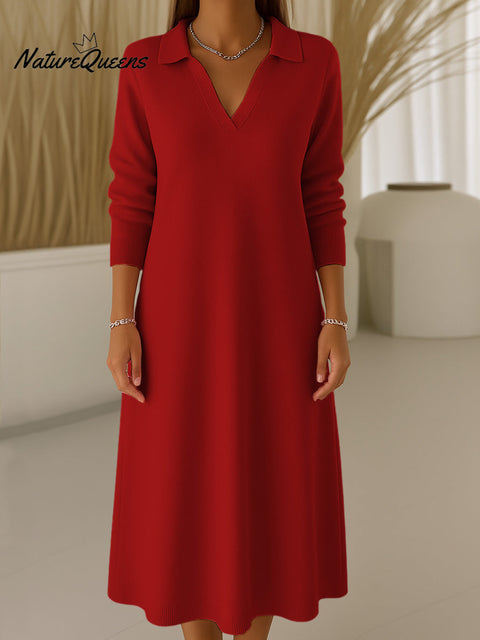 Women's Solid Color V-Neck Long Sleeve Casual Loose Knit Dress