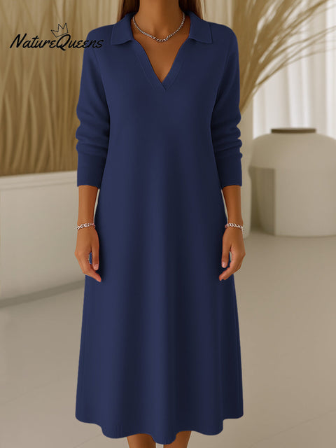 Women's Solid Color V-Neck Long Sleeve Casual Loose Knit Dress