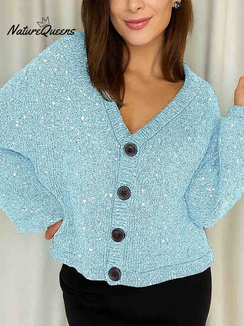 Women's V-neck Long Sleeve Sequined Casual Loose Knit Cardigan