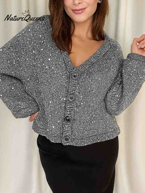 Women's V-neck Long Sleeve Sequined Casual Loose Knit Cardigan